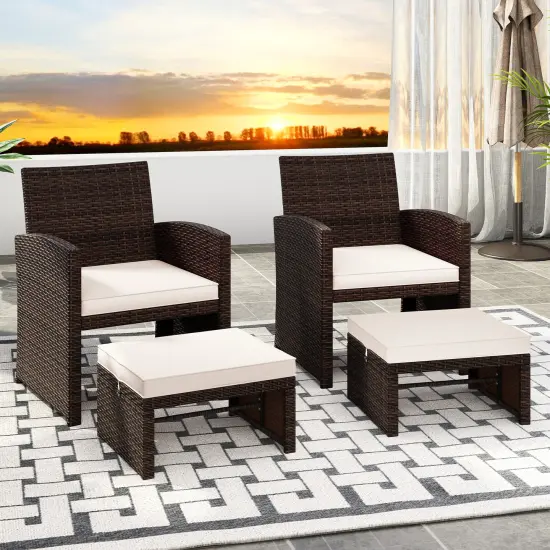 2 Piece Mix Brown Rattan Ottoman Footstool with Cushions, Metal Frame and 400 lbs Capacity White {2}