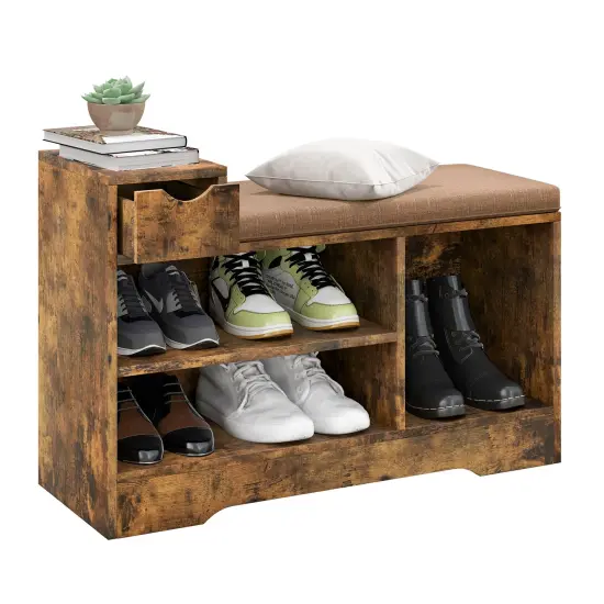 Storage Bench with Drawer and Open Shelves for Entryway and Shoes {2}
