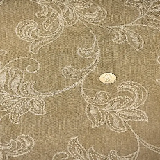 1 Yard Natural Ivory Pure Linen Foliage Embroidered Fabric Midweight Woven 54 Inch Width {5}