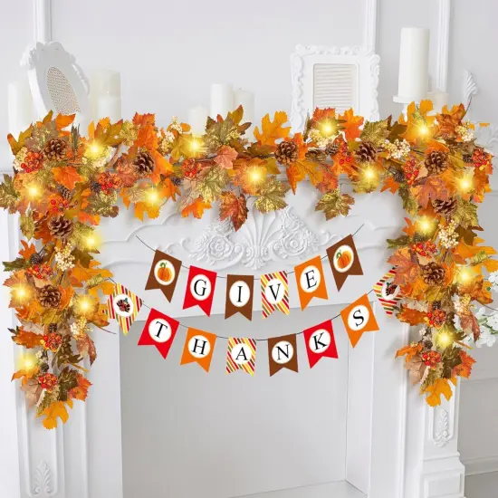 6ft Fall Garland with Lights and Fall Banner {1}