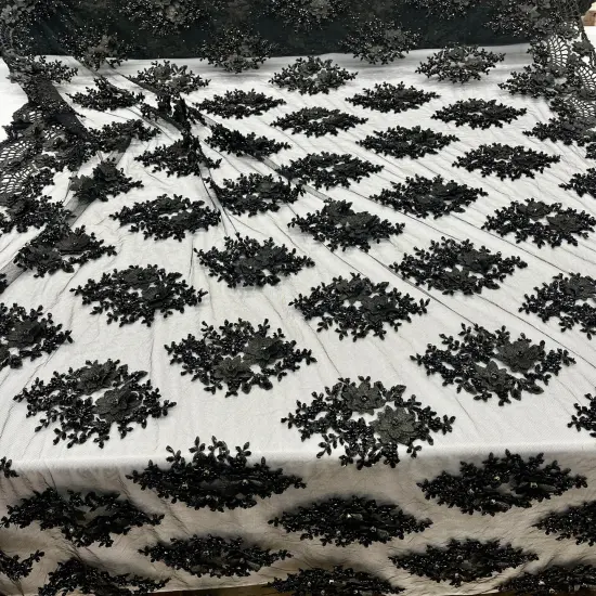 1 Yard Beaded 3D Floral Embroidered Lace Fabric on Polyester Net Mesh, 52" Width Black {5}