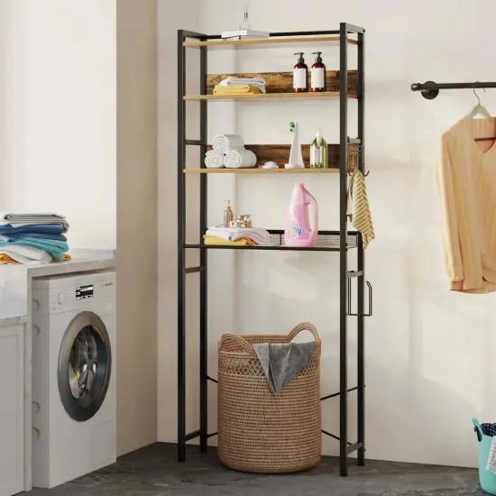 Wood and Iron Freestanding Over The Toilet Storage 4-Shelf Bathroom Organizer Brown {3}