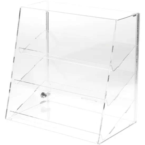 Plymor Clear Acrylic Locking Display Case with Slanted Front and Sliding Back, 3 Angled Shelves {1}