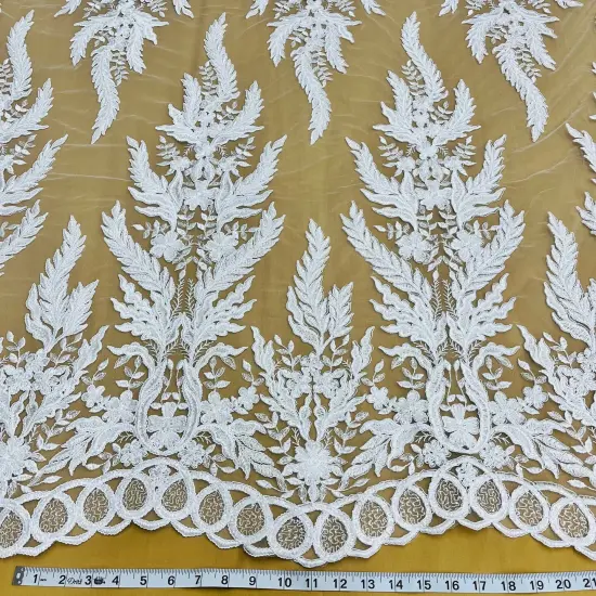 1 Yard Elegant White Beaded & Corded Embroidered Lace Fabric, 51" Wide, Bridal Fabrication for Gowns & D&eacute;cor Ivory {2}