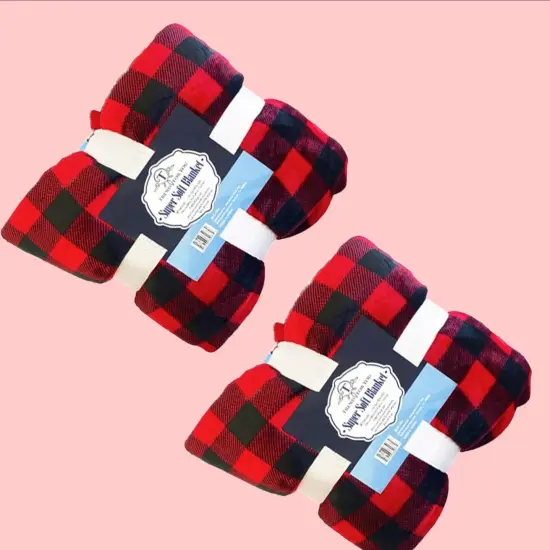 50x60" Checkered Red & Black Sherpa Throw Blanket Coral Fleece Front {3}