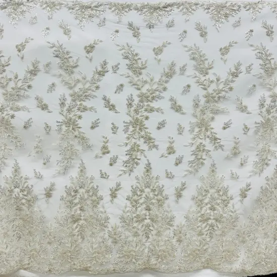 1 Yard Beaded Embroidered Lace Fabric on 100% Polyester Net Mesh, GD-5926, 52" Wide Silver {1}