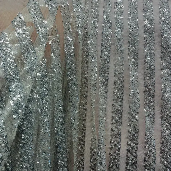 1 Yard Blush Beaded Lace Embroidered Fabric on Polyester Mesh, 54" Wide Off White Silver {2}