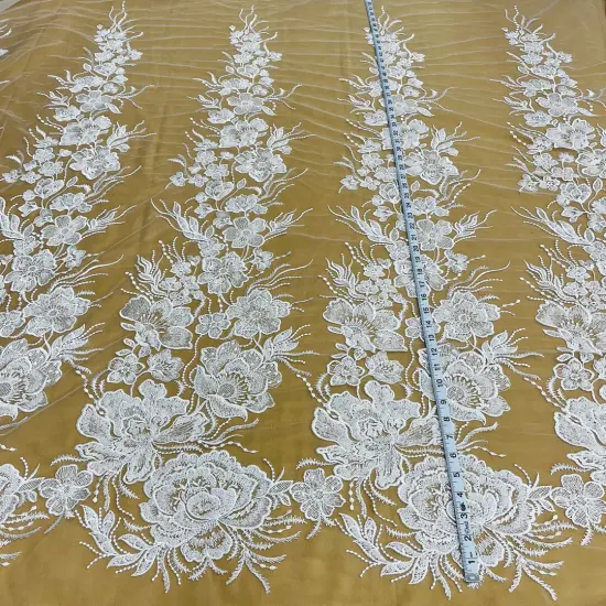 1 Yard Beaded Lace Fabric with Embroidery on 100% Polyester Mesh Net, Elegant Craft & Apparel Fabric (52" Width) White {1}