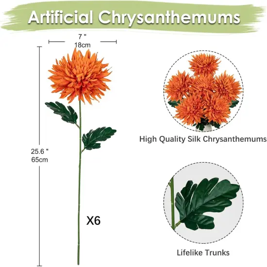 25.6" Long - 6Pcs Orange Artificial Mums Flowers Large Chrysanthemum {2}