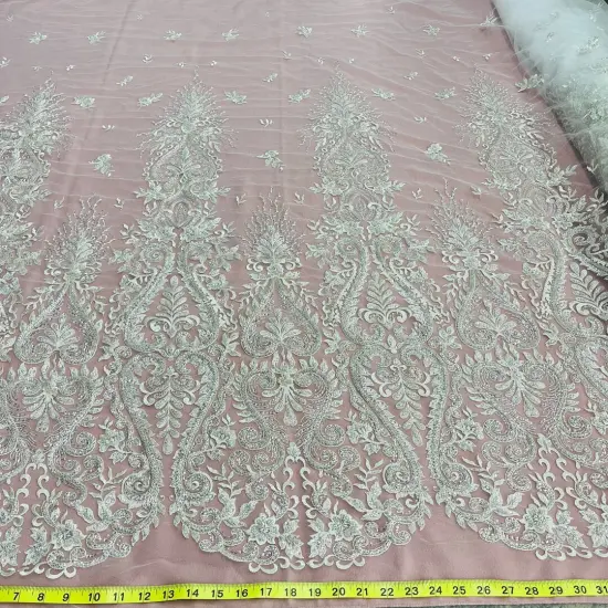 1 Yard Beaded Lace Fabric Embroidered on 100% Polyester Net Mesh - 54" Wide, Elegant Bridal & Dressmaking Fabric Antique Silver {1}