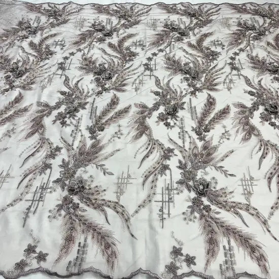 1 Yard Beaded Rhinestone 3D Floral Lace Fabric for Bridal Gowns Costumes Dresses 50" Width Mauve {1}