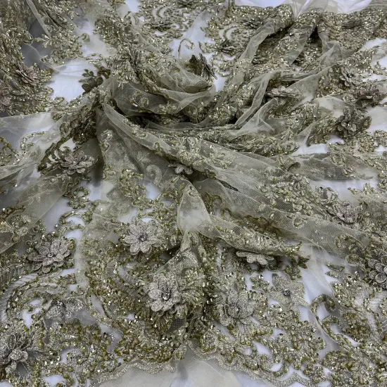 1 Yard Beaded 3D Floral Lace Fabric on 100% Polyester Net Mesh, Dusty Rose, 52" Wide, Elegant Embroidered Lace Fabric Gold {7}