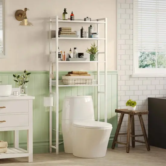 Wood and Iron Freestanding Over The Toilet Storage 4-Shelf Bathroom Organizer White {5}