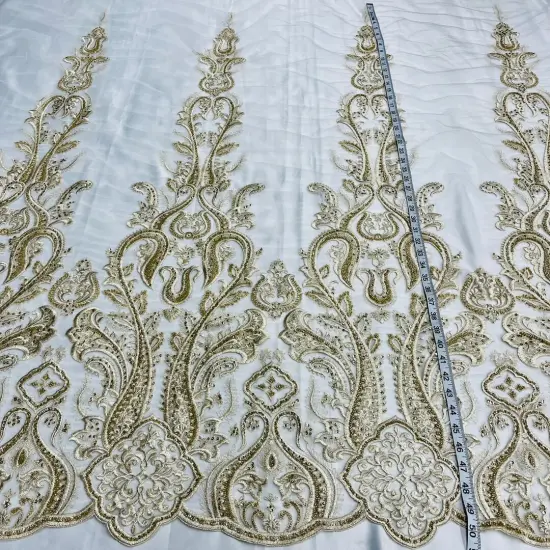 1 Yard Gold Beaded Lace Fabric Embroidered on Polyester Mesh, 50" Wide Decorative Fabrication White {2}