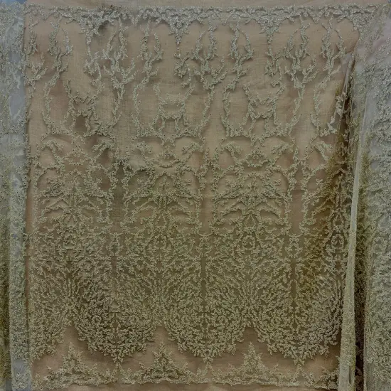 1 Yard Rose Gold Beaded Lace Fabric, Embroidered Polyester Mesh, 52" Wide {1}