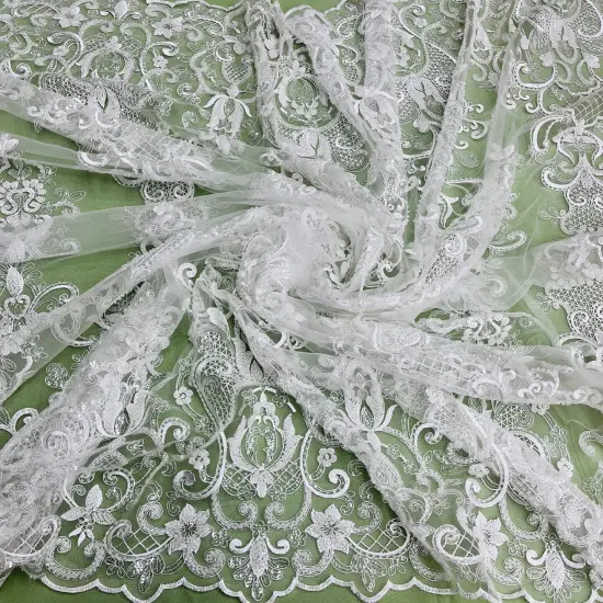 1 Yard Ivory Beaded & Sequined Embroidered Lace Fabric on 100% Polyester Mesh, 54" Wide {3}