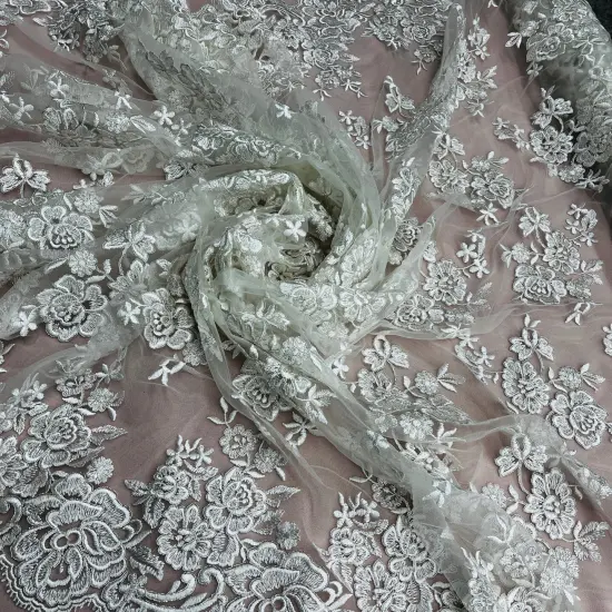 1 Yard Luxurious Corded Bridal Lace Fabric Embroidered on Soft 100% Polyester Net Mesh 51" Width White {2}