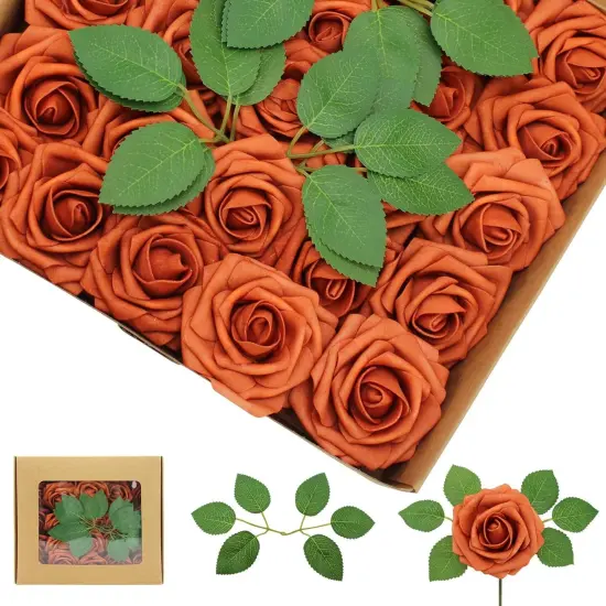 100PCS Artificial Flowers - Burnt Orange Roses {1}
