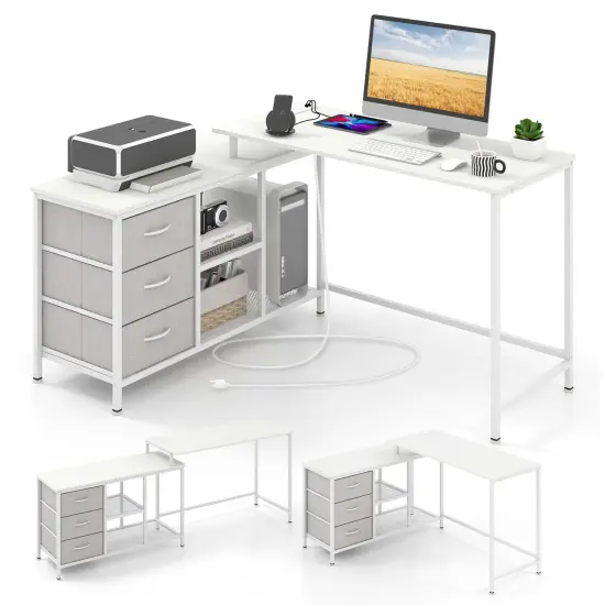 Costway L-shaped Computer Desk with Power Outlet, Drawers, Metal Mesh Shelves Rustic Brown/Black/White {9}