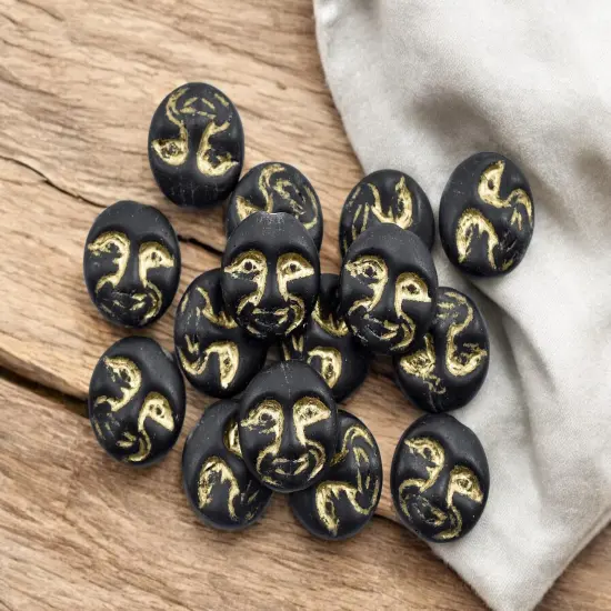 *15* 13mm Gold Washed Matte Jet Black Moon Face Coin Beads {4}