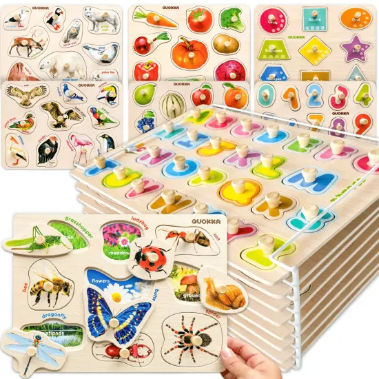 8 Pack Rack Wooden Puzzles for Toddlers| ABC, Numbers & Animals {1}