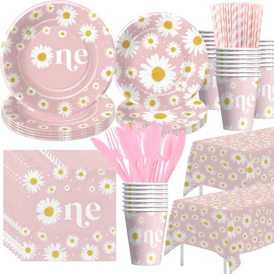 Daisy 1st Birthday Decorations Party Tableware Set, Groovy Retro Floral Daisy First Birthday Party Supplies, Paper Plate, Napkin, Cup, Tablecloth, Disposable Cutlery | Serves 24 {1}
