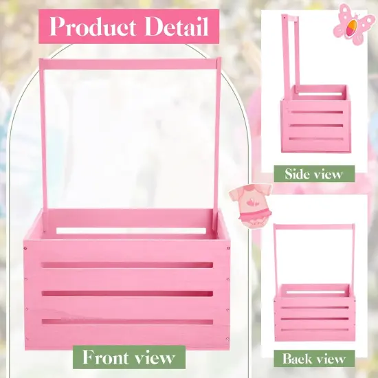 Large Wooden Baby Shower Crate Closet with Handle and Garland, 17.7inch Baby Shower Basket for Newborn Girl Boys Gifts Pregnancy New Parent(Pink) {2}