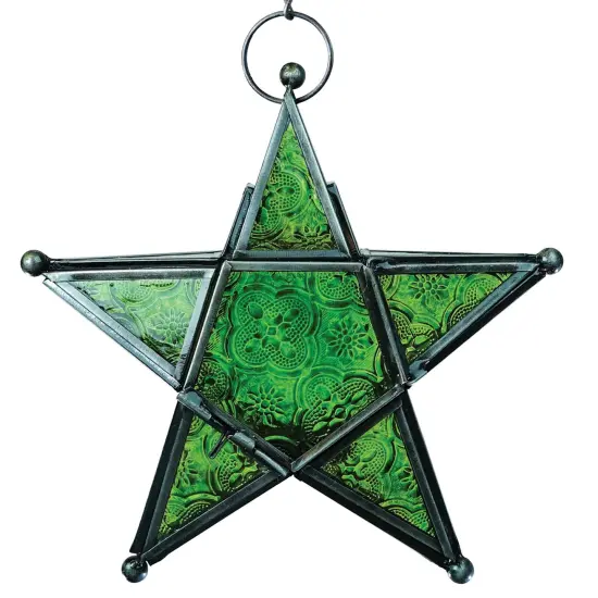 In the Breeze 9218 — Green 5-Point Star Tealight Lantern — Moroccan-Style Boho Chic Glass and Metal Tealight Hanging Lantern {1}