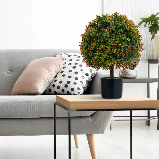 2 Pack Artificial Boxwood Topiary Ball Tree 22" Faux Bushes Plants with Orange {4}
