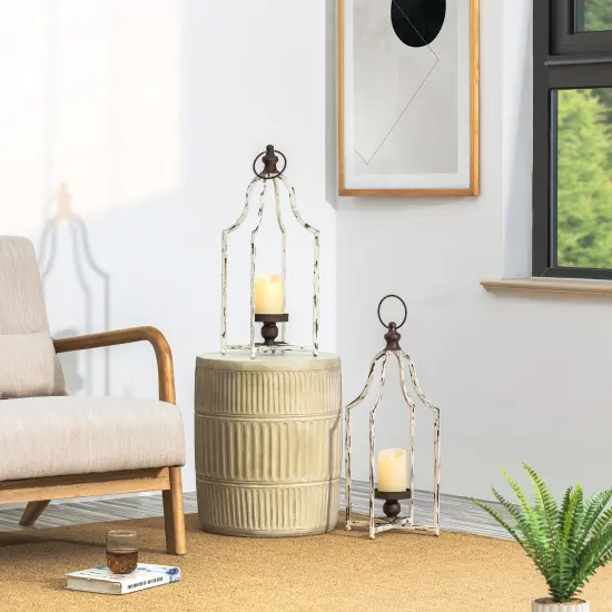 Set of 2 White Farmhouse Metal Decorative Lanterns Hanging Candle Holders Wedding Decor {8}