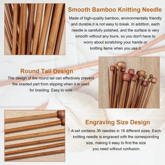 Bamboo Knitting Needles 18 Pairs Knitting Needles Set - 10 Inches Wooden Knitting Needle Single Point Knitting Needles with Roll Bag - Portable Knitting Needle Set for Beginners (2mm - 10mm) {5}