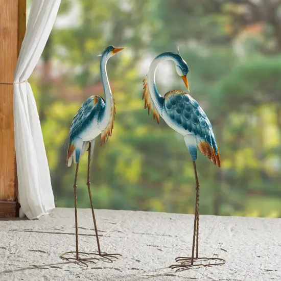 Set of 2 -38.25"H/39.25"H Metal Standing Crane Garden Statue with Stakes {1}
