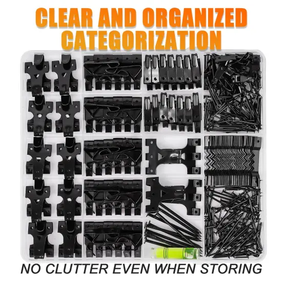 385Pcs Picture Hanging Kit with Heavy Duty Picture Hanging Hooks, Sawtooth, Hardware Nails and Picture Hanging Tool, Wall Hangers for Frame, Painting, Art, Photo (Black) {1}