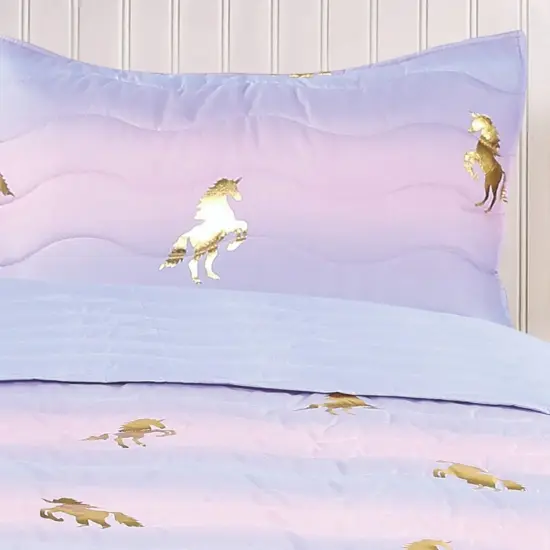 Tadpoles 2-Piece Girls Unicorn Quilt Set | 1 Twin Bed Size Quilt & 1 Standard Sham | Made of 100% Micro-denier Polyester Fiber | Soft, Smooth & Durable | Ideal for Teens | Metallic Gold Unicorns {4}