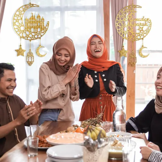 2 Pieces Eid Mubarak Door Sign Wooden Hanging Signs, Ramadan Kareem Hollow Ornament Decorations Moon and Stars, Moon Shape Ramadan Mubarak Party Wood Wall Hanger for Islamic Muslim Home Decor {5}