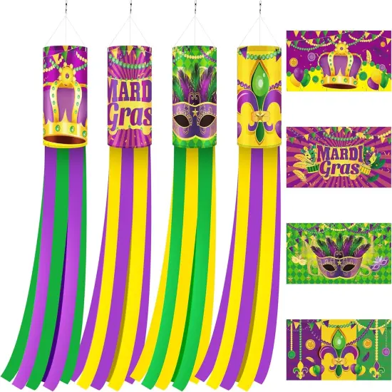 4 Pcs Mardi Gras Wind Sock,41.3 Inch Mardi Gras Spinners Windsock,Purple Yellow Green Decor Windsock for Home Yard Party Mardi Gras Outdoor Decoration {1}