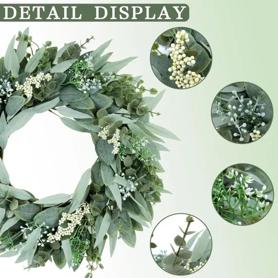 Eucalyptus Wreath 22" Large Artificial Greenery Outdoor/Indoor Wreath Spring/Summer Wreath Green Wreaths for Front Door Porch Window Wall Hanging Decor All Year Round Wreath（Green） {3}