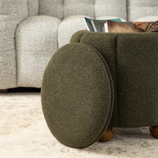 19"H Boucle Upholstered Storage Ottoman Stool with Rubberwood Feet Green {5}