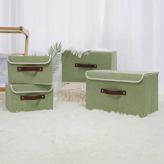 Storage Bin with Lid Storage Boxes with PU Leather Handles PP Plastic Board Decorative Foldable Lidded Cotton Linen Fabric Home Cubes Baskets Closet Organizer Container - Green, Small Size {2}