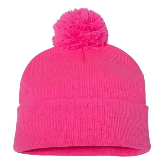 Sportsman&reg; Pom Pom Cuffed Beanie Warm Stylish & Fun Neon Pink {1}