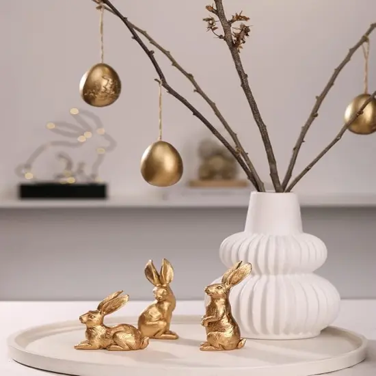 Resin Gold Bunny Decor Rabbit Figurines, Small Easter Bunny Figurine Set of 3, Vintage Easter Rabbit Statue Table Home Decoration {2}