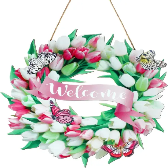 Spring Door Sign Tulips Wreath Summer Decoration 11.8" Welcome Sign Spring Flower Butterfly Wreath Wooden Front Door Hanger Home Wall Decor Farmhouse Indoor Outdoor {1}