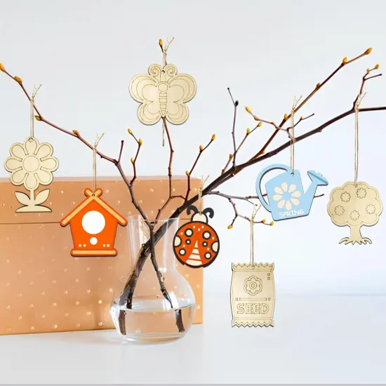 54 Pcs Wooden Spring Cutouts Ornaments to Paint - 6 Styles DIY Blank Unfinished Wood Cutouts Ornament for Home Crafts Hanging Decorations DIY Handmade Decoration Wooden Pendant (Garden) {2}