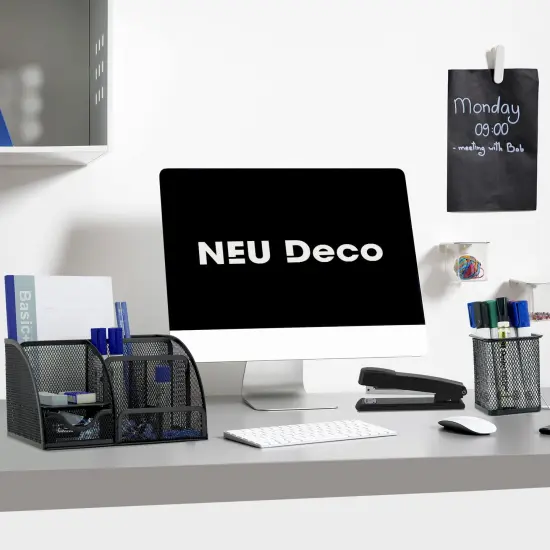 Desk Organizers, Office Supplies Desktop Organizer with Drawer and 6 Compartments, Black Desk Caddy + Pen Holder/Stapler with 1000 Staples Combo for Office Home School {5}