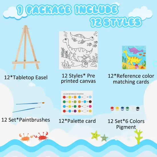 12 Sets Pre Drawn Canvas to Paint Kid Adult Stretched Coloring Painting Canvas Panels with Design Easel and Brushes {3}