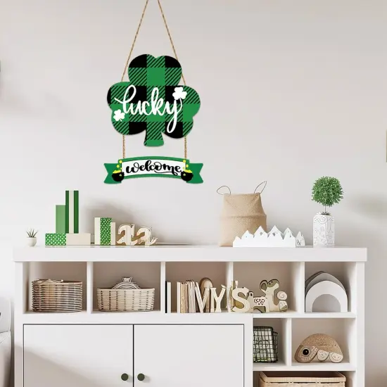 St Patricks Day Decorations St Patricks Day Wreath Front Door Decorations Buffalo Plaid Shamrock Wreath Wooden Lucky Welcome Sign Door Hanger for Wall Indoor Home Decor {4}