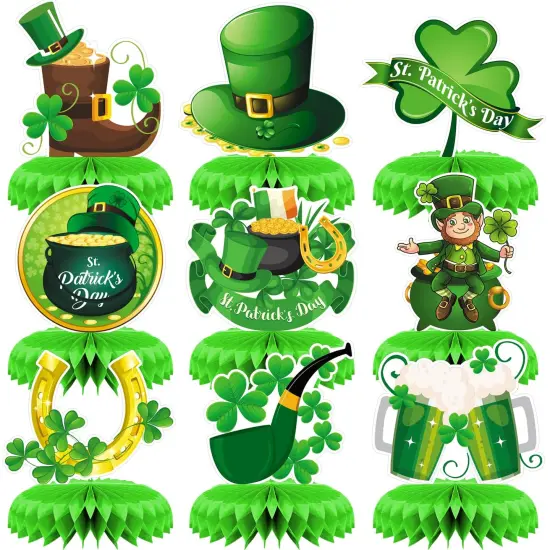 Adeyoo 9Pcs St Patricks Day Table Decorations, Green St. Patrick's Day Honeycomb Centerpieces 3D St Patricks Day Decorations for Table Irish Shamrock Centerpiece for St Patricks Day Party Supplies {1}