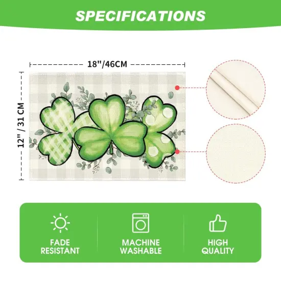 Artoid Mode Bufflao Plaid Shamrock St. Patrick's Day Placemats Set of 4, 12x18 Inch Seasonal Spring Table Mats for Party Kitchen Dining Decoration {3}