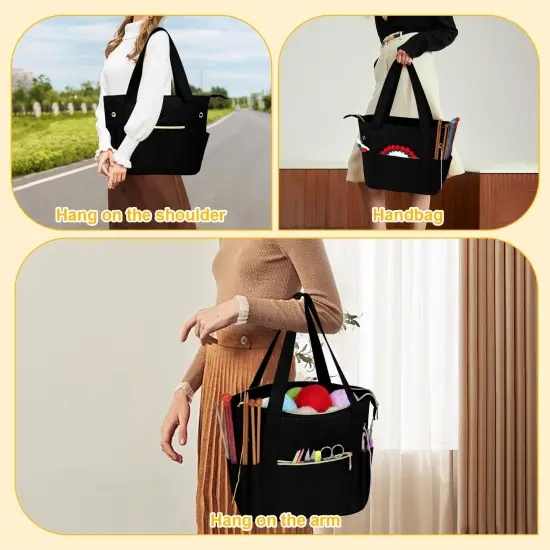 Crochet Bag Organizer for Yarn Storage, Velvet Knitting Tote Bag with Double Handle for Crochet Accessories, Portable Travel Case for Yarn Balls, Crochet Hooks& Knitting Needles Holder (Black) {5}