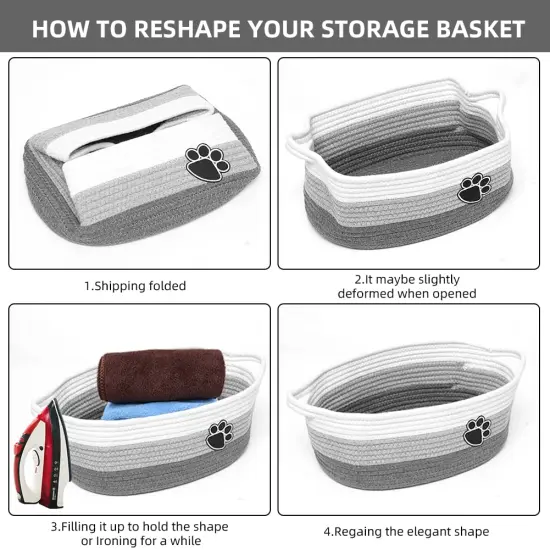 Small Woven Baskets for Organizing Rope Storage Basket with Handle Cute Cotton Basket for Nursery Gift Dog Toy Storage Bins for Toy Organizer Grey-white {2}